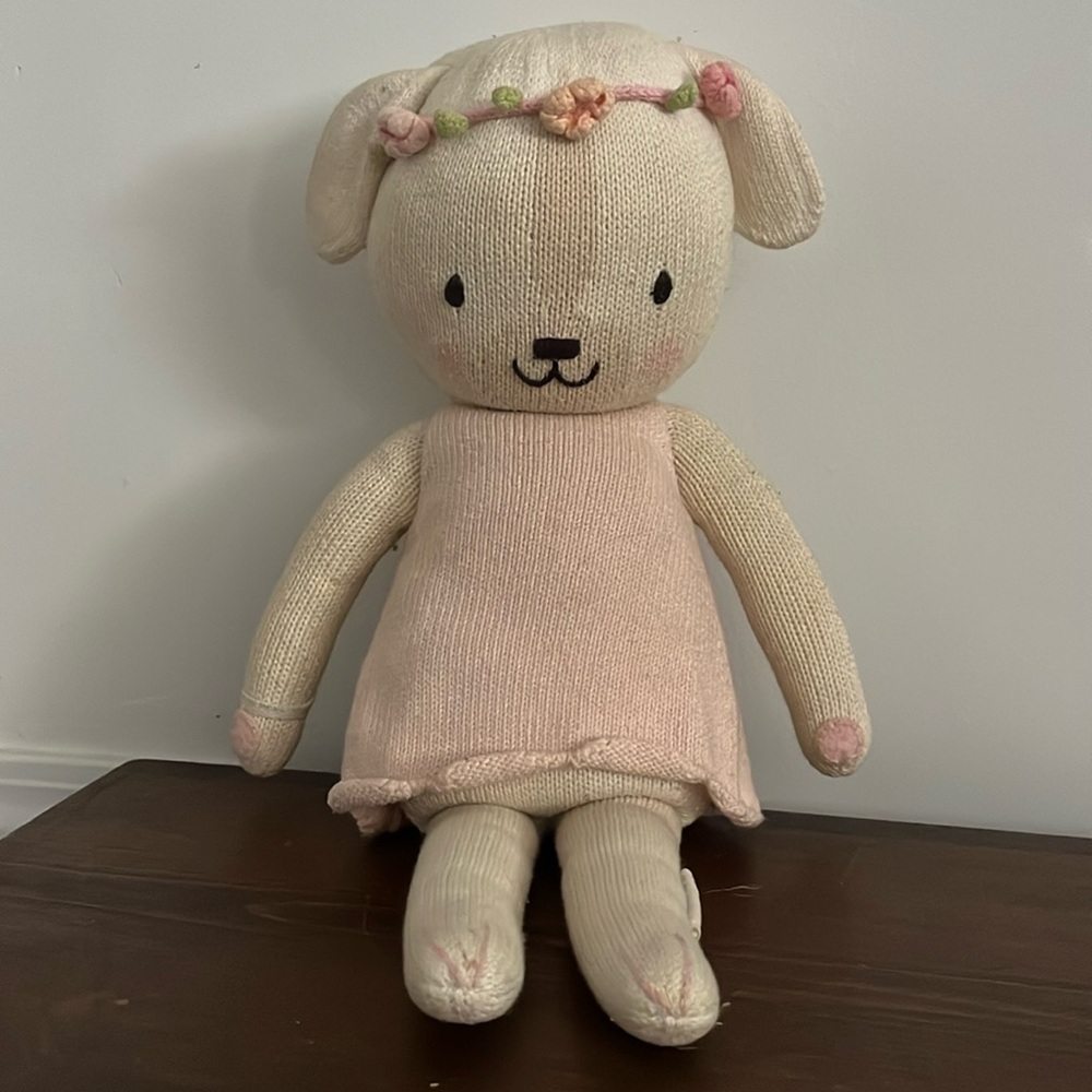 Adorable Knit Charlotte Dog Doll with Floral Headband